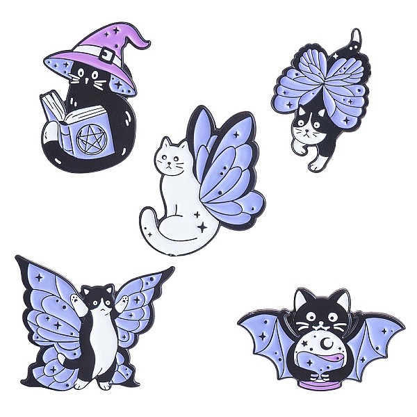 PandaHall 5Pcs 5 Style Magic Wizard Cat Enamel Pins, Electrophoresis Black Alloy Cartoon Brooches for Backpacks Clothes Hats, Cornflower...