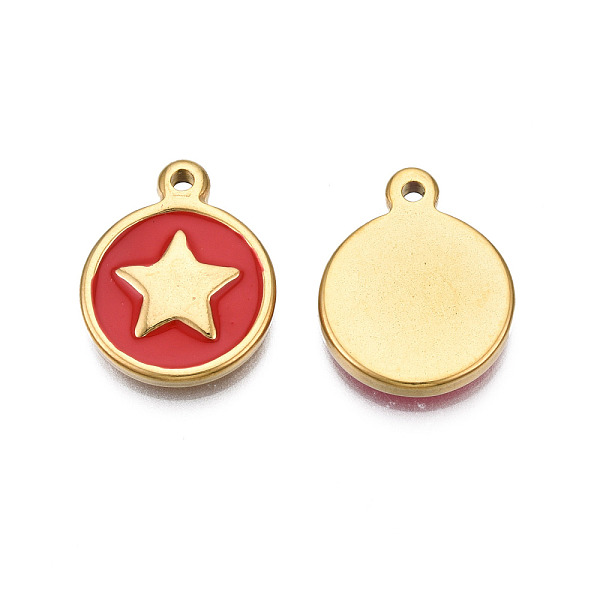 

PandaHall 304 Stainless Steel Enamel Pendants, Real 18K Gold Plated, Flat Round with Star, Dark Red, 19x15x2.5mm, Hole: 1.6mm Stainless...