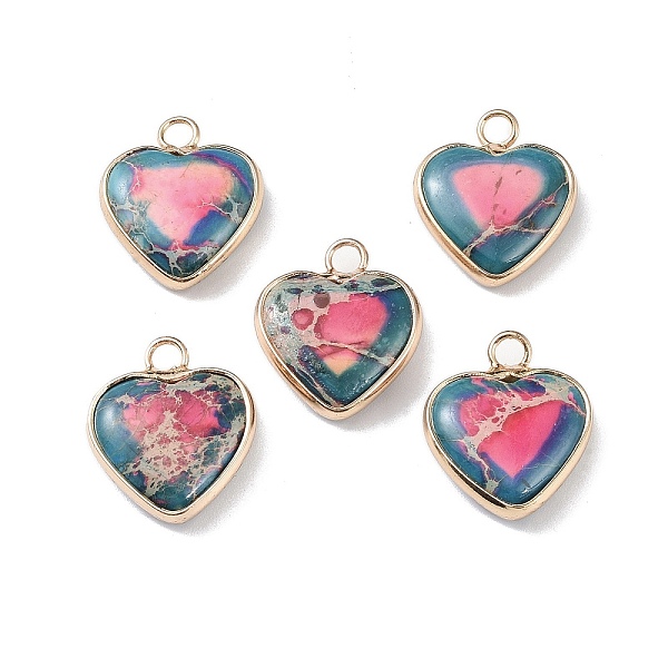 

PandaHall Dyed Synthetic Imperial Jasper Pendants, Brass Heart Charms, Golden, Hot Pink, 19x16x4.5~5.5mm, Hole: 2.7mm Imperial Jasper Heart