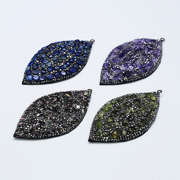 

PandaHall Natural Gemstone Big Pendants, with Polymer Clay Rhinestone, PU Leather Cord and Brass Findings, Leaf, 70~73x38.5x6~7mm, Hole: 2mm..., Multicolor