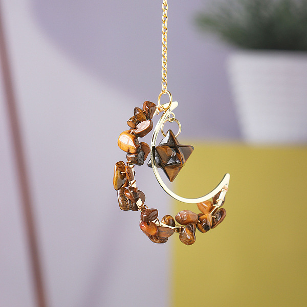 

PandaHall Natural Tiger Eye Chip Wire Wrapped Metal Moon Hanging Ornaments, Gemstone Merkabah Charm for Home Outdoor Decoration, 250mm Tiger...