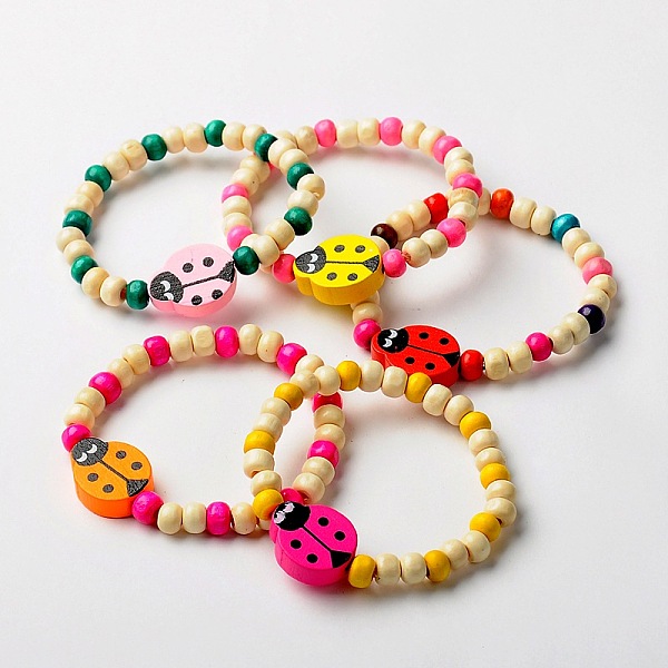 

PandaHall Stretchy Wood Bracelets for Kids, Children's Day Gifts, with Random Color Ladybug Beads, Mixed Color, 45mm Wood Multicolor