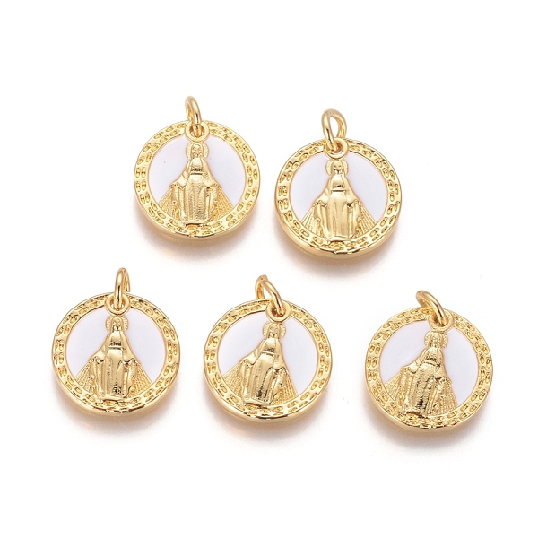 

PandaHall Brass Pendants, with Shell and Jump Rings, Flat Round with Virgin Mary, Golden, 14x2mm, Hole: 3mm Brass Flat Round