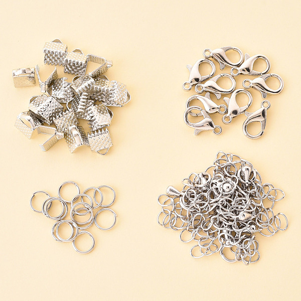 PandaHall 50 Pieces DIY Ribbon Ends Making Kits, Including Iron Ribbon Crimp Ends & Unsoldered Jump Rings, Zinc Alloy Lobster Claw Clasps...