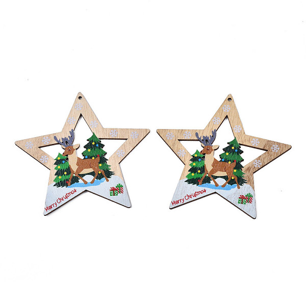 

PandaHall Christmas Theme Single-Sided Printed Wood Big Pendants, Star with Reindeer/Stag, Green, 105x109x2.5mm, Hole: 2.5mm Wood Star Green