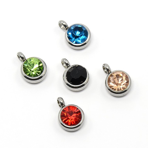 

PandaHall Trendy Original Color 304 Stainless Steel Grade A Rhinestone Flat Round Charm Pendants, Faceted, Stainless Steel Color, Mixed..., Multicolor