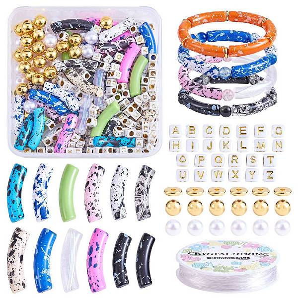 

PandaHall DIY Chunky Bracelet Making Kit, Including Acrylic Curved Tube & Letter Beads, Plastic Pearl & Brass Beads, Elastic Thread, Mixed..., Multicolor