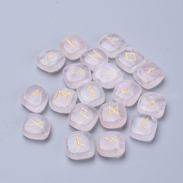 

PandaHall Natural Rose Quartz Cabochons, Square with Runes/Futhark/Futhorc, 20~22x18~20x8~9mm, 25pcs/set Rose Quartz Square