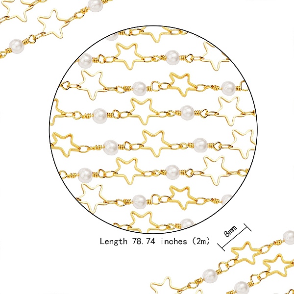 

PandaHall Brass Handmade Beaded Chain, with Round Glass Beads, Long-Lasting Plated, Soldered, Star, Real 18K Gold Plated, Link: 4x2x0.3mm..., White