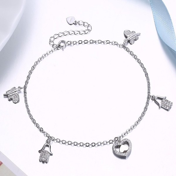 PandaHall 925 Sterling Silver Charm Anklets, Butterfly & Heart & Hamsa Hand, Silver, 8-1/4 inches(210mm) Sterling Silver
