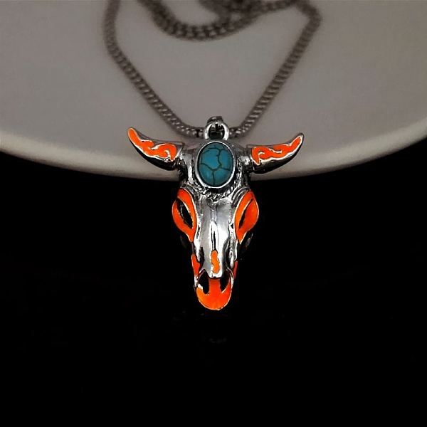 

PandaHall Alloy Ox Head Pendant Necklace with Stainless Steel Chains, Synthetic Turquoise Beaded Luminous Glow in the Dark Necklace, Orange...