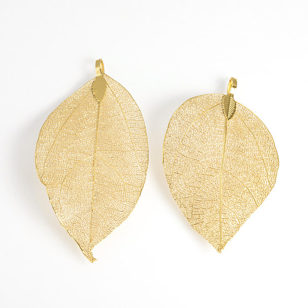 

PandaHall Electroplated Natural Leaf Big Pendants, with Iron Findings, Golden Plated, 70~100x30~50x1mm, Hole: 3x6mm Iron Leaf