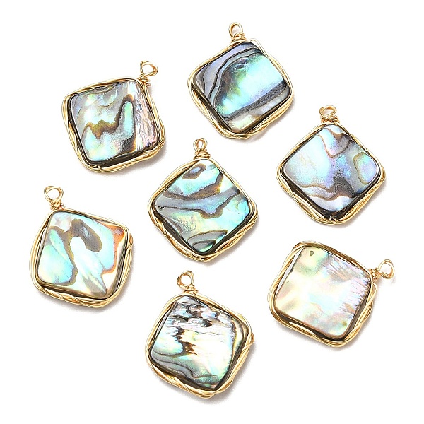 

PandaHall Natural Abalone Shell/Paua Shell Pendants, Copper Wire Wrapped Rhombus Charms, Real 14K Gold Plated, 19.5~20x17x3.5mm, Hole: 1.5mm...