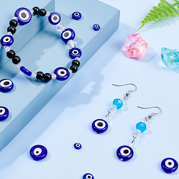 

PandaHall Handmade Evil Eye Lampwork Flat Round Beads, Blue, 6~10x3~5mm, Hole: 1mm, 90pcs/box Lampwork Evil Eye Blue