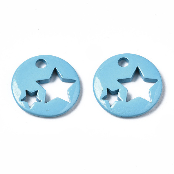 

PandaHall Spray Painted Brass Charms, Flat Round with Star, Cornflower Blue, 14.5x14.5x2.5mm, Hole: 2mm Brass Flat Round