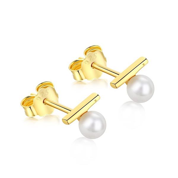 PandaHall 925 Sterling Silver Pearl Stud Earrings for Women, with S925 Stamp, Round & Bar, Real 18K Gold Plated, 6.2x5.2mm Pearl Round