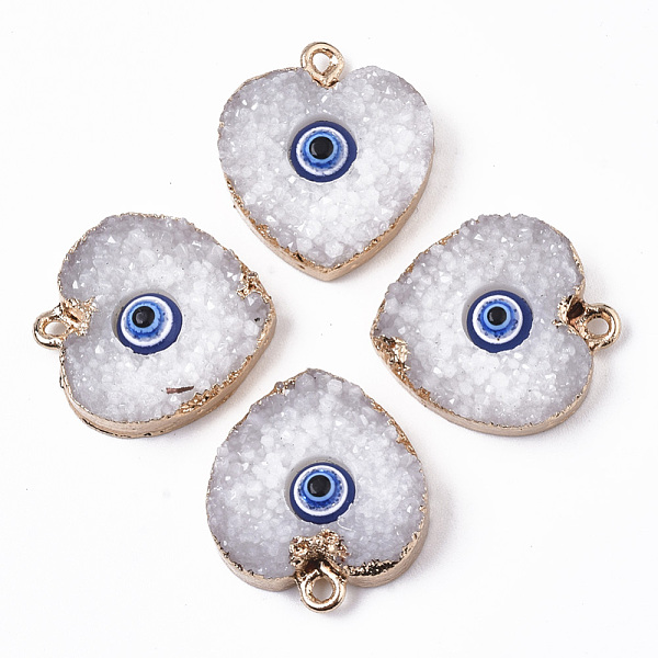 PandaHall Druzy Resin Pendants, with Edge Light Gold Plated Iron Loops, Heart with Evil Eye, White, 22~23x19x5.5mm, Hole: 1.8mm Iron+Resin...