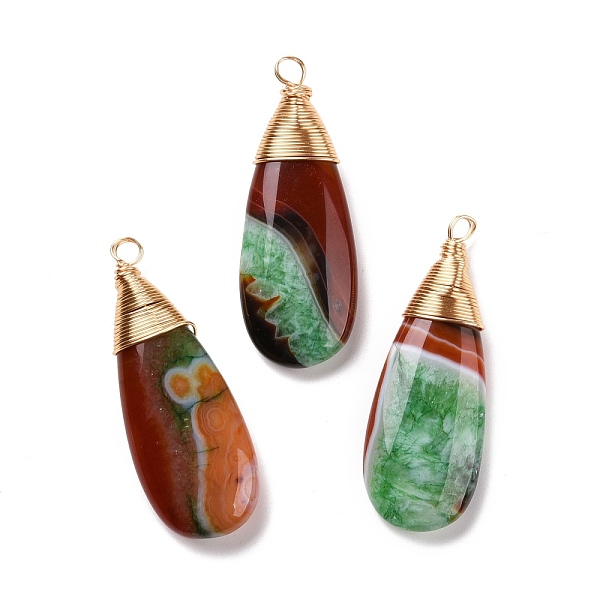 

PandaHall Natural Brazilian Agate Pendants, with Real 18K Gold Plated Tone Brass Wire Wrapped, Dyed & Heated, Teardrop, Green, 44.7x17x7mm...