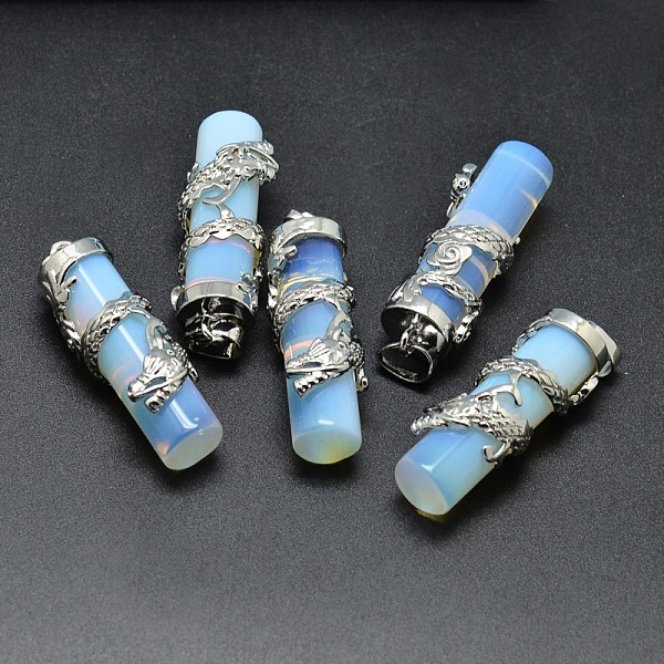 

PandaHall Brass Opalite Pendants, Cadmium Free & Lead Free, Column with Dragon, Platinum, 40x13mm, Hole: 5x8mm Opalite Column