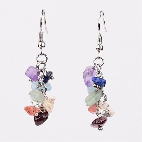 

PandaHall Natural Gemstone Dangle Earrings, Cluster Earrings, with Metal Findings, Platinum, 42mm, Pin: 0.7mm Mixed Stone