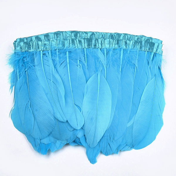 PandaHall Goose Feather Fringe Trimming, Costume Accessories, Dyed, Deep Sky Blue, 145~195mm, about 2m/bag Feather Feather Blue