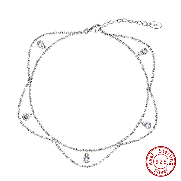 

PandaHall 925 Sterling Silver Cable Chain Anklet, Micro Pave Grade 4A Cubic Zirconia Round Charm, Real Platinum Plated, 8-5/8 inch(21.8cm)..., Clear