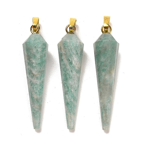 

PandaHall Natural Amazonite Pointed Pendants, Faceted Cone Charms with Golden Plated Barss Snap on Bails, 35~35.5x8~8.5mm, Hole: 6.5x4mm...