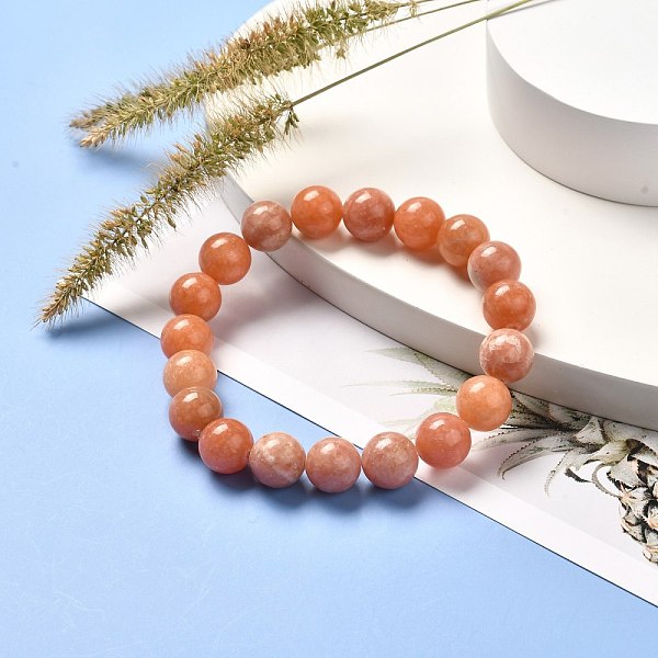 Pulsera Elástica De Cuentas Redondas De Calcita De Melocotón Natural Para Ella