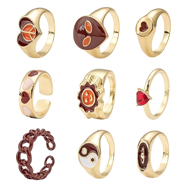 

PandaHall 9Pcs 9 Style Heart & Curb Chain & Oval Rings, Alloy Enamel & Rhinestones Finger Rings & Cuff Ring, Golden, Mixed Color, Inner..., Multicolor