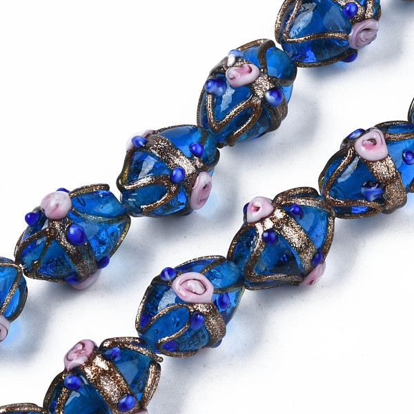 

PandaHall Handmade Gold Sand Lampwork Beads Strands, Ovald with Flower, Cornflower Blue, 16~17x13~15x12~13mm, Hole: 1.4~1.8mm, about...