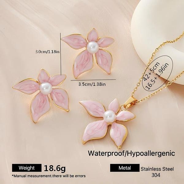 Ensembles de boucles d'oreilles et colliers pendentifs en acier inoxydable 304 émaillé en forme de fleur pour femmes