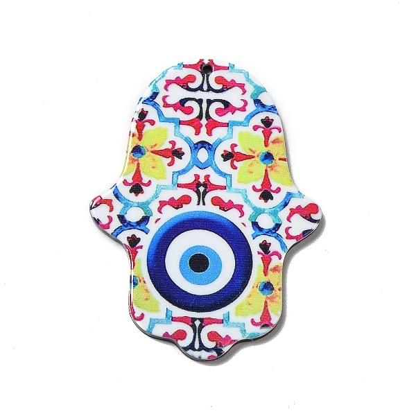 

PandaHall Opaque Acrylic Pendants, Hamsa Hand/Hand of Miriam Charm, Evil Eye Pattern, 51.5x38.5x2mm, Hole: 1.6mm Acrylic Evil Eye Yellow