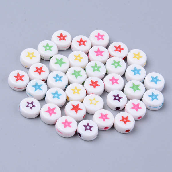 

PandaHall Opaque White Acrylic Beads, Flat Round with Mixed Color Star, 7x3.5mm, Hole: 1.5mm, about 3500pcs/500g Acrylic Flat Round..., Multicolor