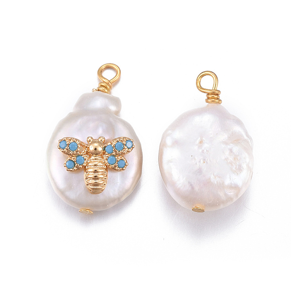 

PandaHall Natural Cultured Freshwater Pearl Pendants, with Brass Cubic Zirconia Findings, Nuggets with Bees, Golden, Deep Sky Blue...