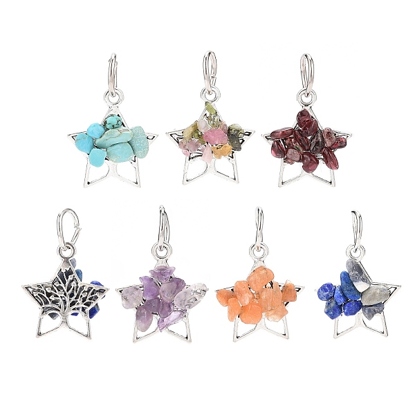 

PandaHall 6Pcs 6 Styles Natural & Synthetic Mixed Stone Chip Pendants, Star Charms, with Antique Silver Tone Alloy Findings, Star...