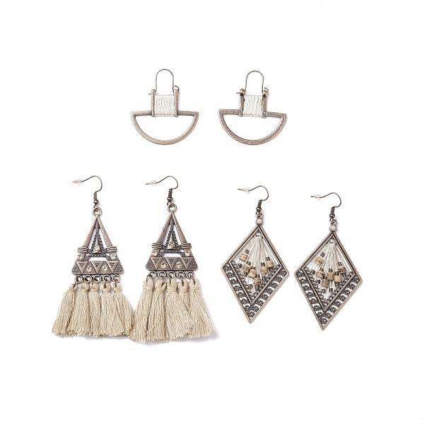 

PandaHall 3 Pairs 3 Style Half Ring & Triangle & Rhombus Cotton Braided Dangle Earrings and Hoop Earrings with Wood Beads, Bohemian Alloy..., Multicolor