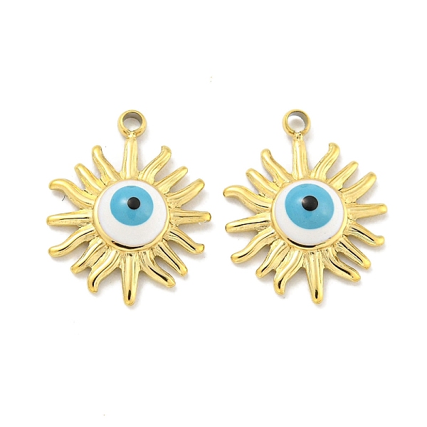 

PandaHall Vacuum Plating 304 Stainless Steel Pendants, with Enamel, Sun with Evil Eye Charms, Real 18K Gold Plated, 14x11x2.8mm, Hole: 1.2mm...