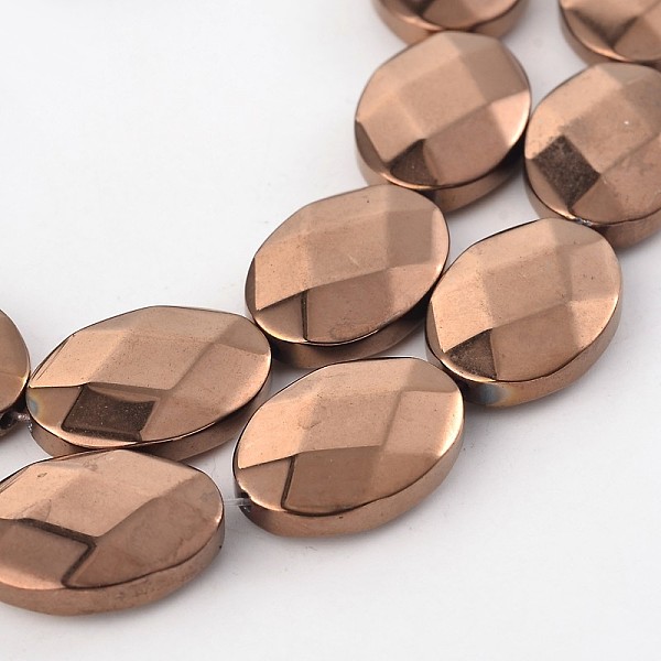 

PandaHall Electroplate Non-magnetic Synthetic Hematite Oval Bead Strands, Faceted, Copper Plated, 18x13x5mm, Hole: 1mm, about 22pcs/strand...
