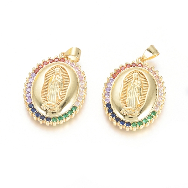 

PandaHall Brass Micro Pave Cubic Zirconia Pendants, Lady of Guadalupe Charms, Long-Lasting Plated, Oval with Virgin Mary, Colorful, Golden...