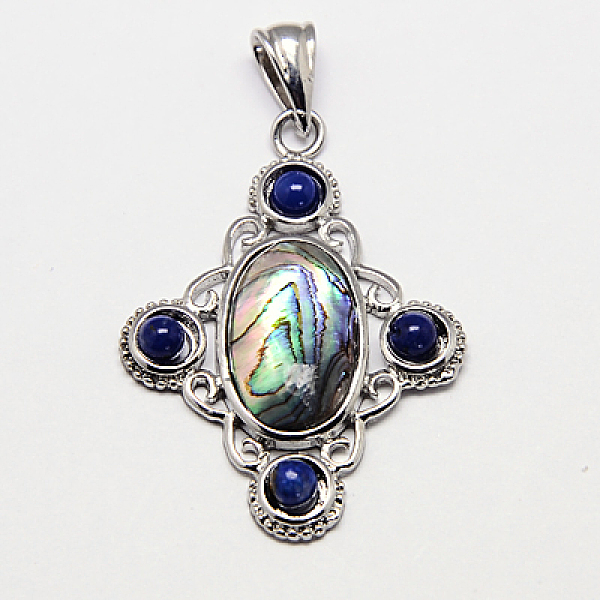 

PandaHall Abalone Shell/Paua Shell Pendants, Lapis Lazuli Chipswith Brass Pendant Setting, Cross, Platinum Metal Color, Blue, 40x29~30x4.5mm...