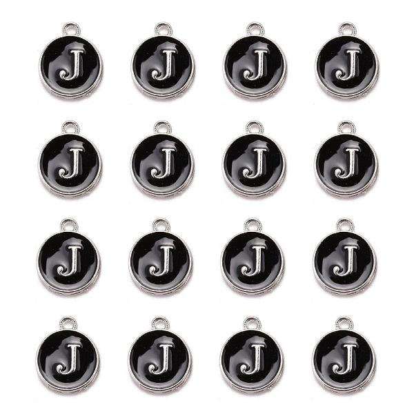 

PandaHall Platinum Plated Alloy Charms, Cadmium Free & Lead Free, with Enamel, Enamelled Sequins, Flat Round with Letter, Letter.J..., Black