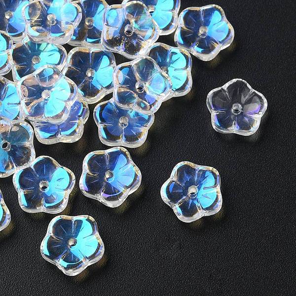 

PandaHall 35Pcs Transparent Spray Painted Glass Beads, Sakura Flower, Clear AB, 9.5x10x3mm, Hole: 1.2mm Glass Flower White