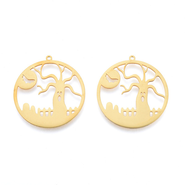 

PandaHall Halloween 201 Stainless Steel Pendants, Laser Cut, Flat Round, Ghost Tree with Bat, Real 18K Gold Plated, 34x32x1mm, Hole: 1.5mm...
