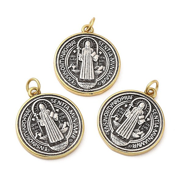 

PandaHall Brass Pendants, with Jump Ring, Long-Lasting Plated, Lead Free & Cadmium Free, Flat Round with Cssml Ndsmd Cross God Father..., Black