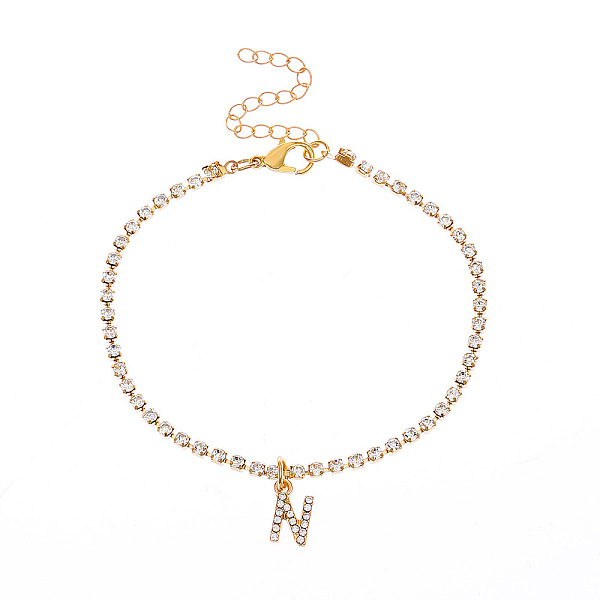 

PandaHall Fashionable and Creative Rhinestone Anklet Bracelets, English Letter N Hip-hop Creative Beach Anklet for Women, Golden Alloy