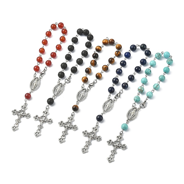 

PandaHall 5Pcs 5 Style Natural Mixed Gemstone Rosary Bead Bracelets Set, Alloy Cross & Virgin Mary Charm Bracelets for Women, 7-5/8 inch...