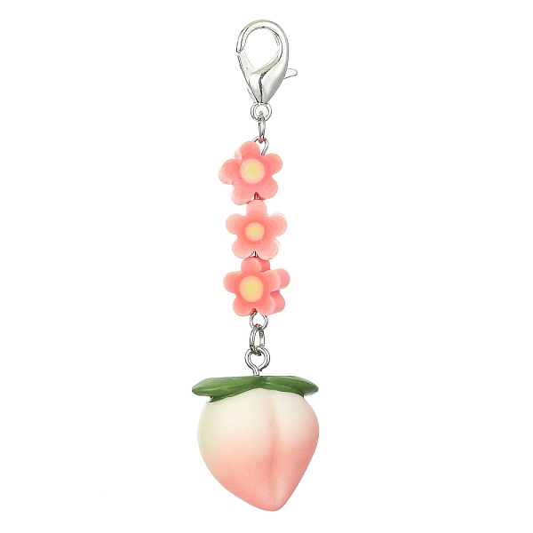 

PandaHall Fruit Resin Pendant Decoration, Zinc Alloy Lobster Claw Clasps and Flower Polymer Clay Beads Charm, Peach, 77mm Resin Peach