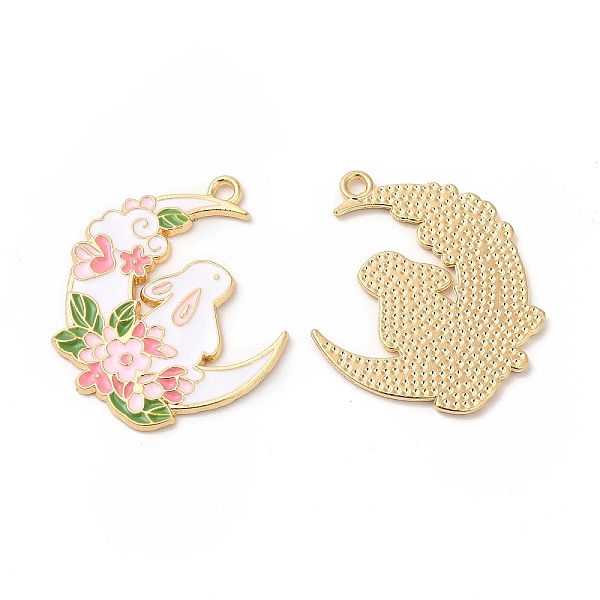 

PandaHall Alloy Enamel Pendants, Cadmium Free & Nickel Free & Lead Free, Golden, Moon with Rabbit & Flower Parttern, White, 32x27.5x1.3mm...