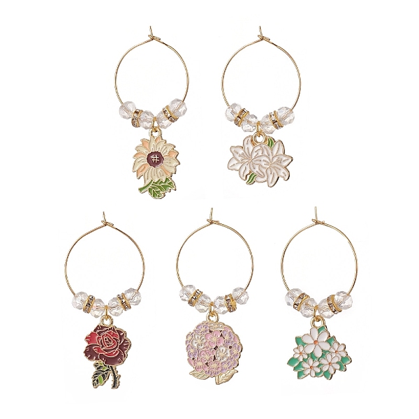 

PandaHall 5Pcs Flower Alloy Enamel Pendants Wine Glass Charms Sets, with Brass Hoop Earrings Findings, Electroplate Glass Beads, Golden..., Multicolor
