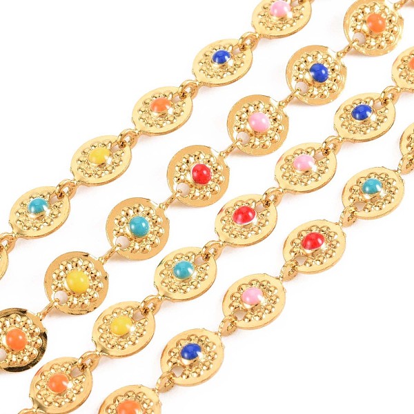 

PandaHall 304 Stainless Steel Flat Round with Flower Link Chains, with Enamel, Real 18K Gold Plated, Soldered, Colorful, 8.5x6x2mm, about...